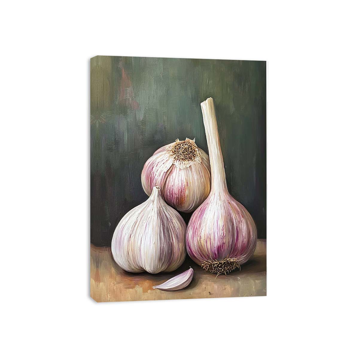 Garlic still life canvas art in rustic farmhouse style for kitchen and dining room wall decor.