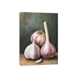 Garlic still life canvas art in rustic farmhouse style for kitchen and dining room wall decor.