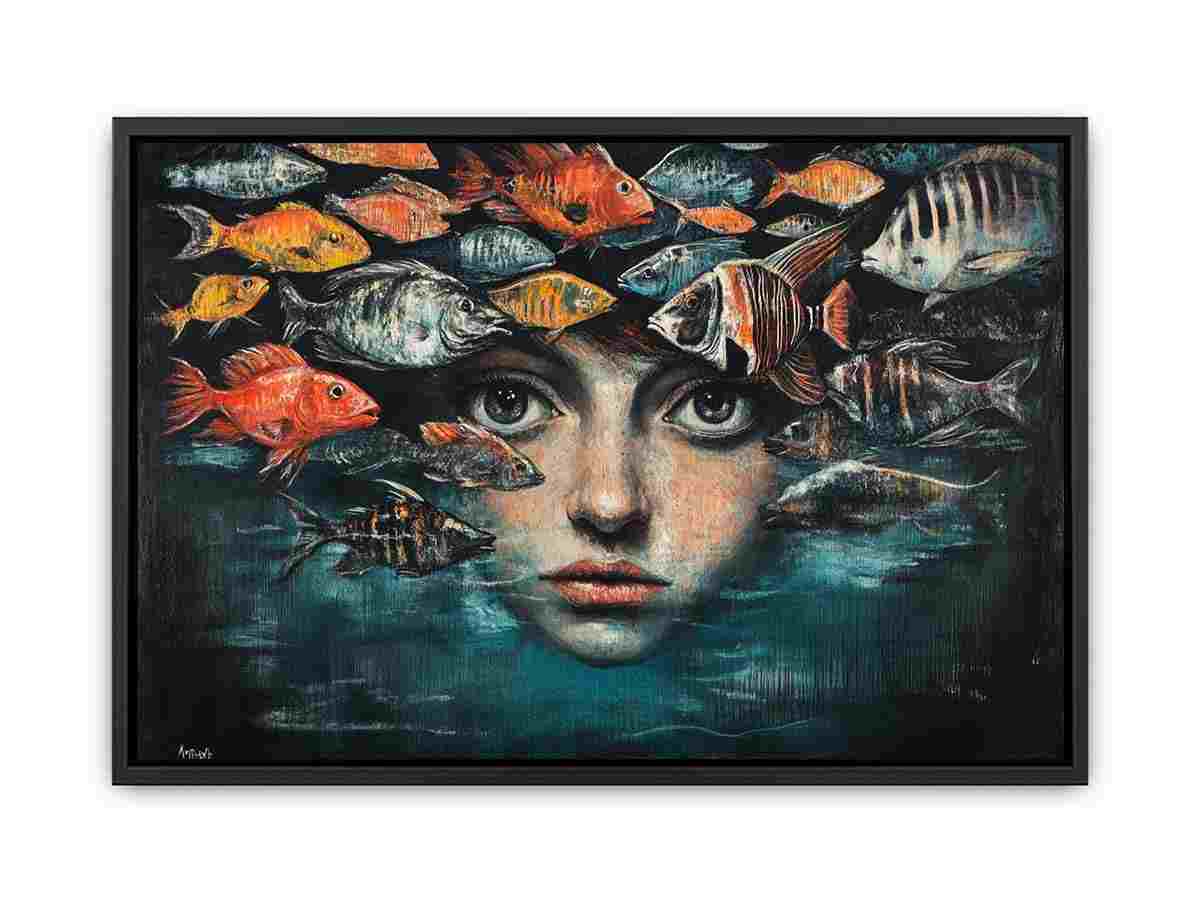 Surreal portrait with tropical fish and underwater themes for modern living room wall art.