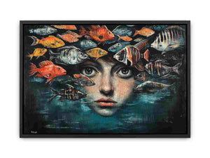 Surreal portrait with tropical fish and underwater themes for modern living room wall art.
