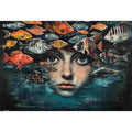 Surreal portrait with tropical fish and underwater themes for modern living room wall art.
