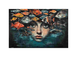 Surreal portrait with tropical fish and underwater themes for modern living room wall art.
