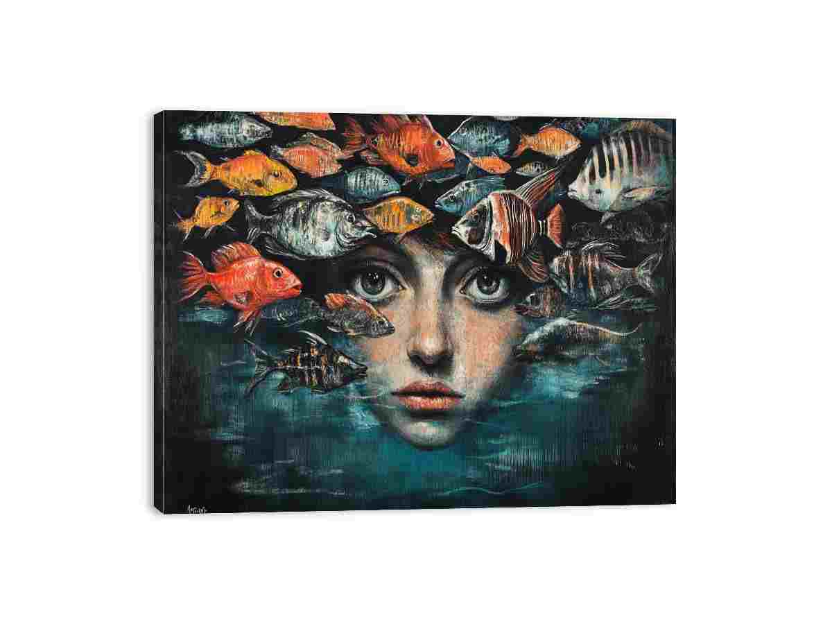 Surreal portrait with tropical fish and underwater themes for modern living room wall art.