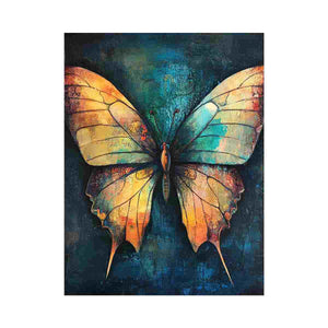 Elegant butterfly canvas art with textured blue and gold tones for modern living room decor.