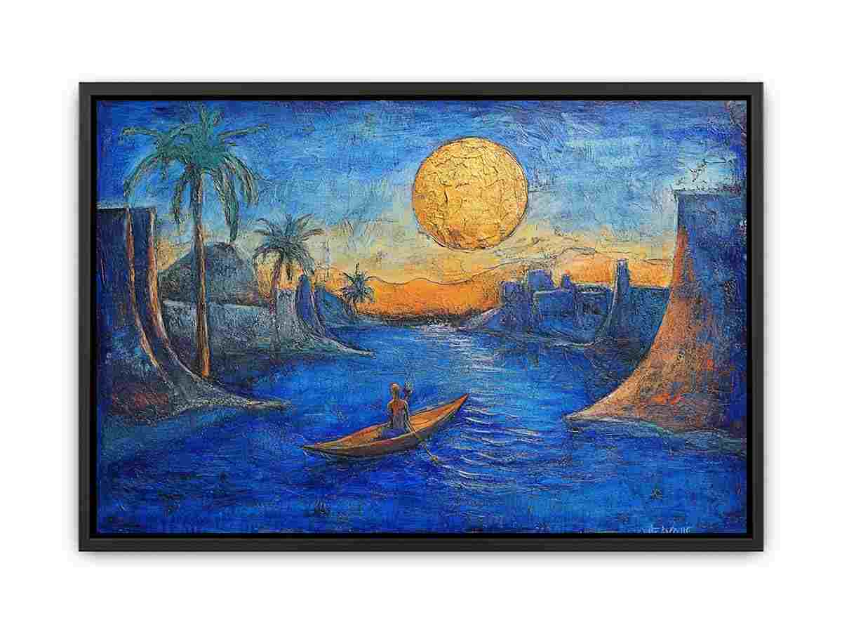 Dreamy moonlit river landscape with boat and palm trees for elegant living room wall art.