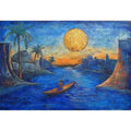 Dreamy moonlit river landscape with boat and palm trees for elegant living room wall art.