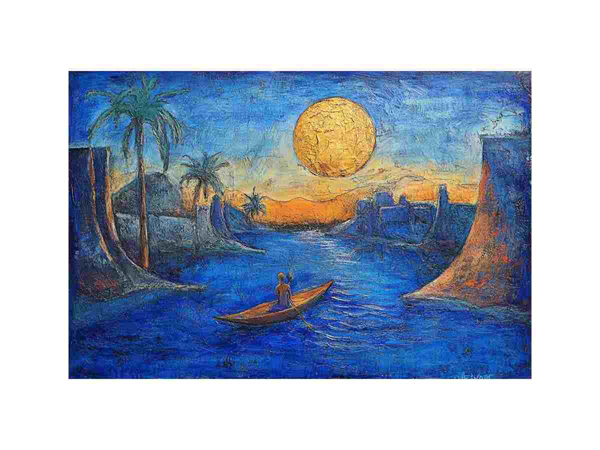 Dreamy moonlit river landscape with boat and palm trees for elegant living room wall art.