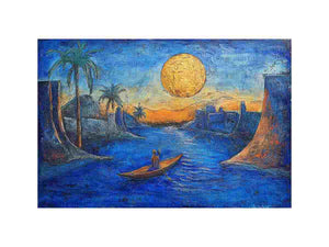 Dreamy moonlit river landscape with boat and palm trees for elegant living room wall art.