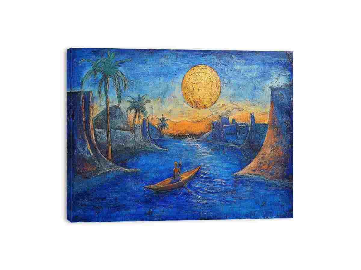 Dreamy moonlit river landscape with boat and palm trees for elegant living room wall art.