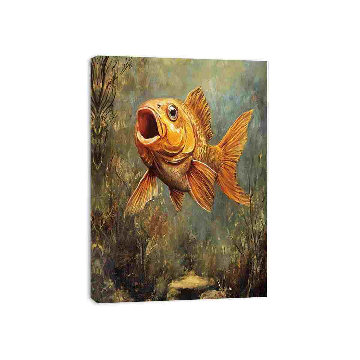 Golden fish canvas art in a textured underwater setting for modern living room decor.