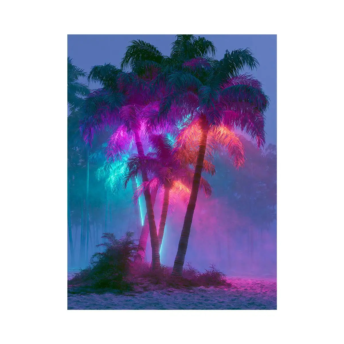 Vibrant tropical palm tree artwork with neon colors for modern living room wall decor.