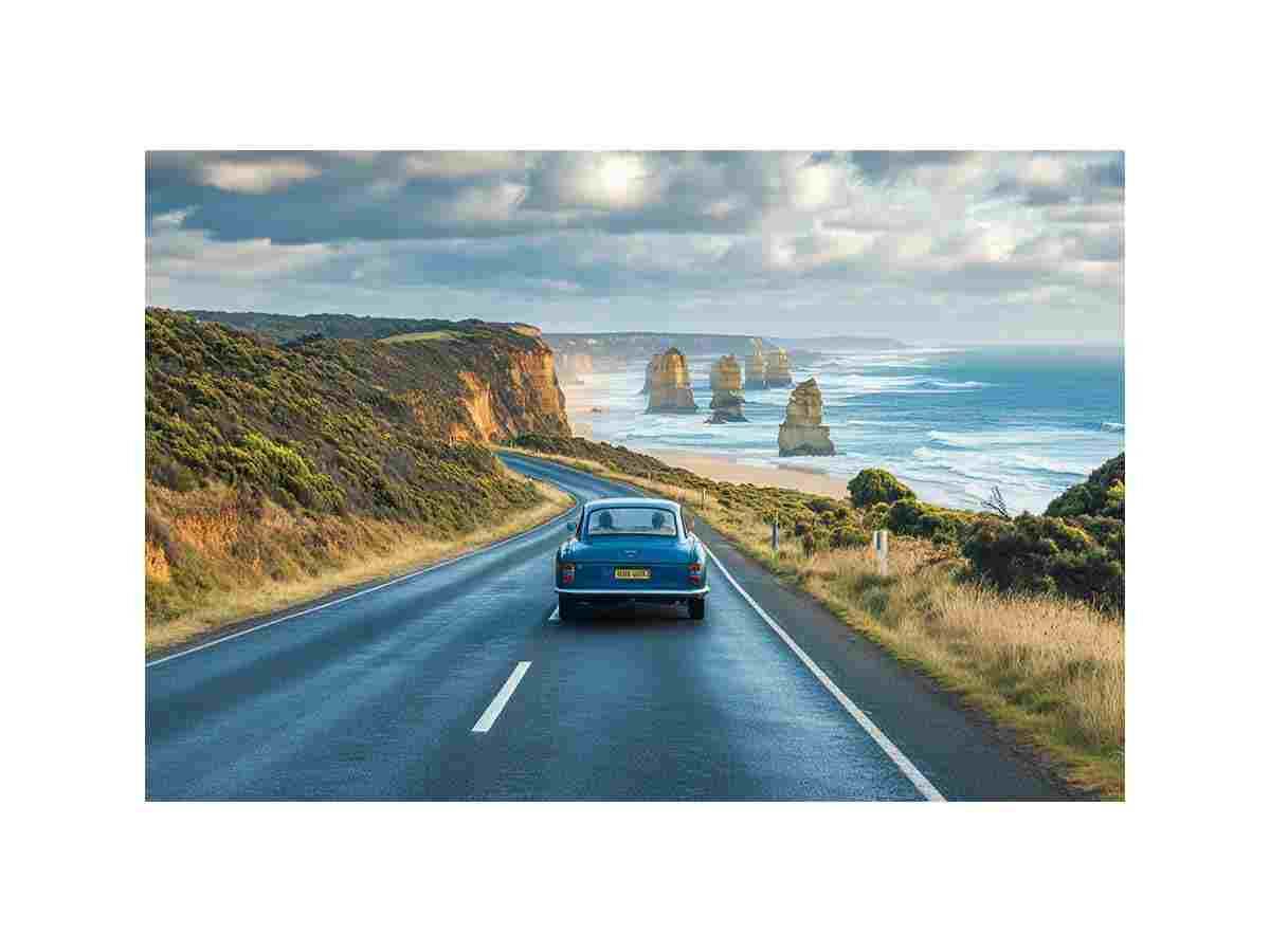 Coastal road trip artwork with vintage car and ocean cliffs for modern living room decor.