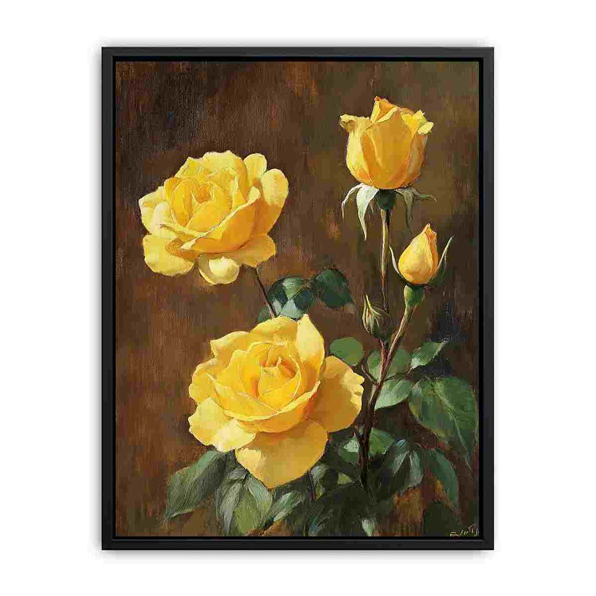 Elegant yellow rose floral artwork with botanical details for living room wall decor.