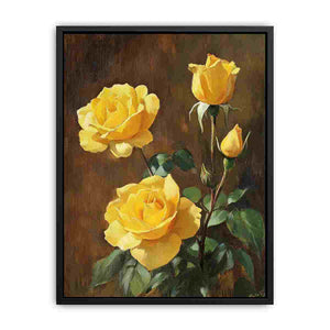 Elegant yellow rose floral artwork with botanical details for living room wall decor.