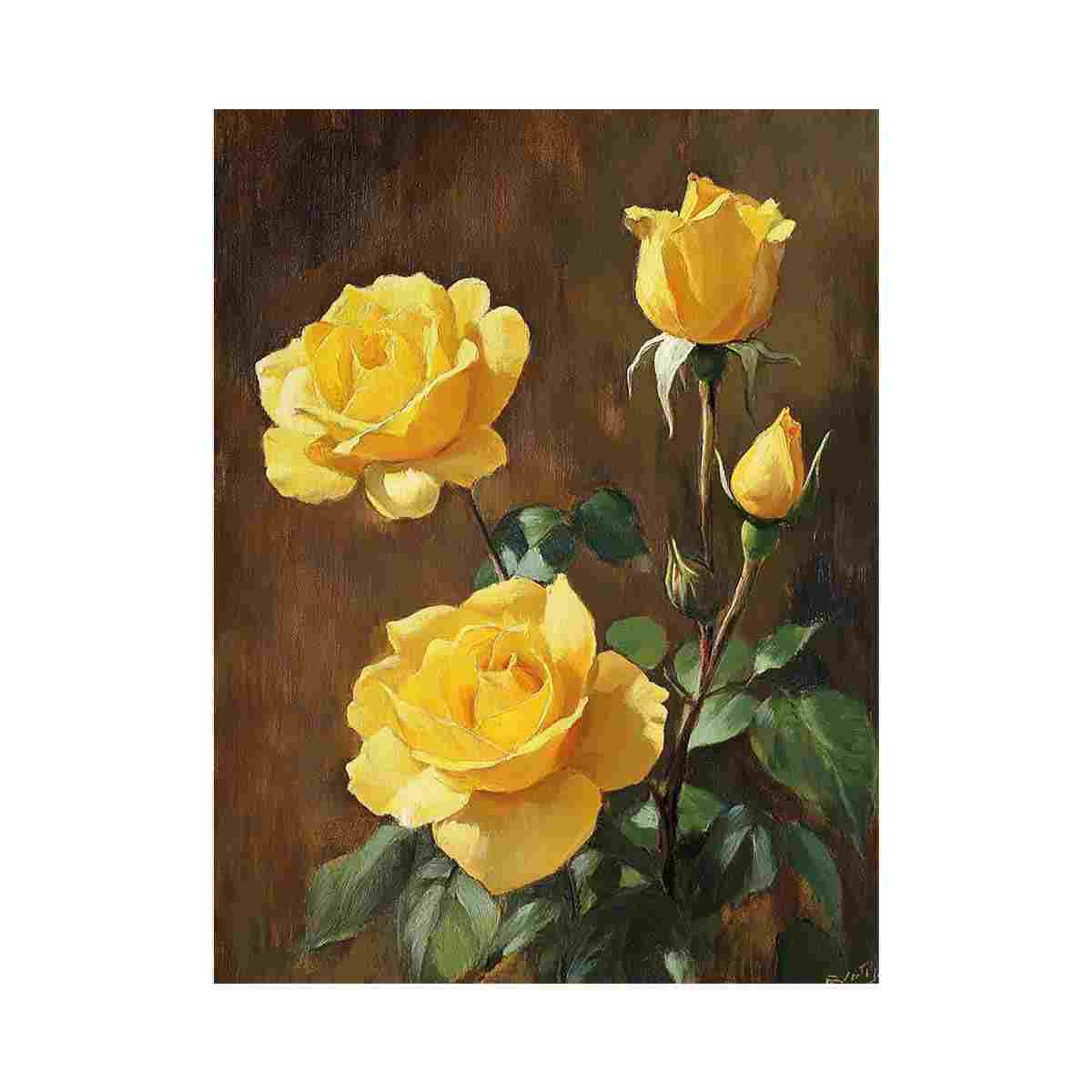 Elegant yellow rose floral artwork with botanical details for living room wall decor.