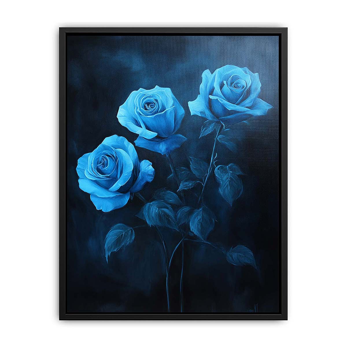 Elegant blue rose floral canvas art for sophisticated bedroom and living room decor.