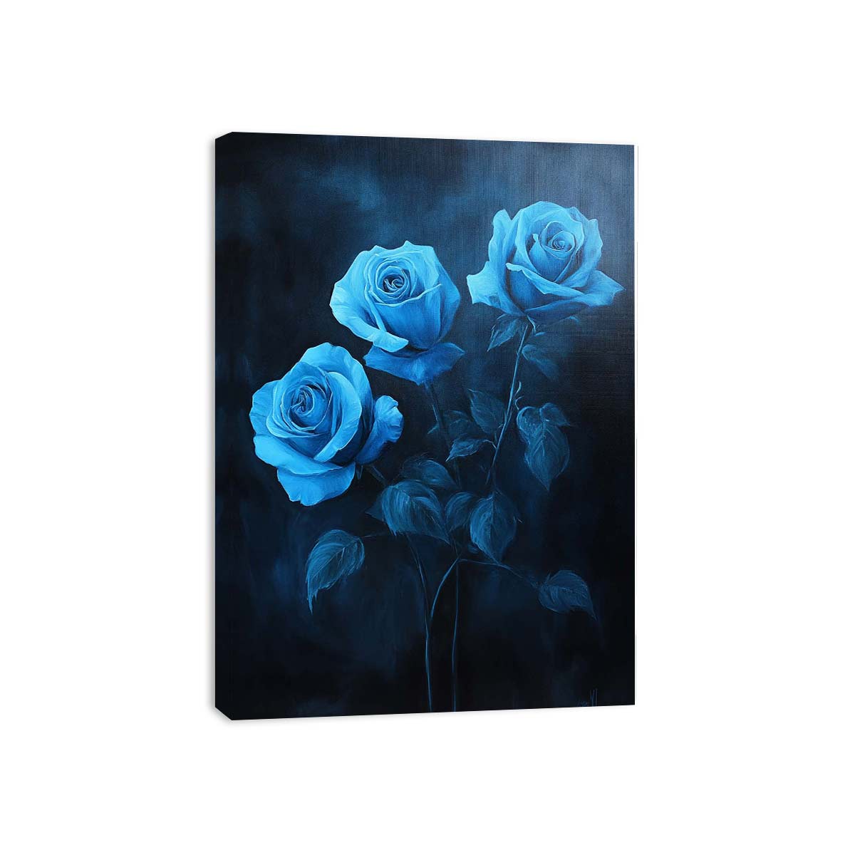Elegant blue rose floral canvas art for sophisticated bedroom and living room decor.
