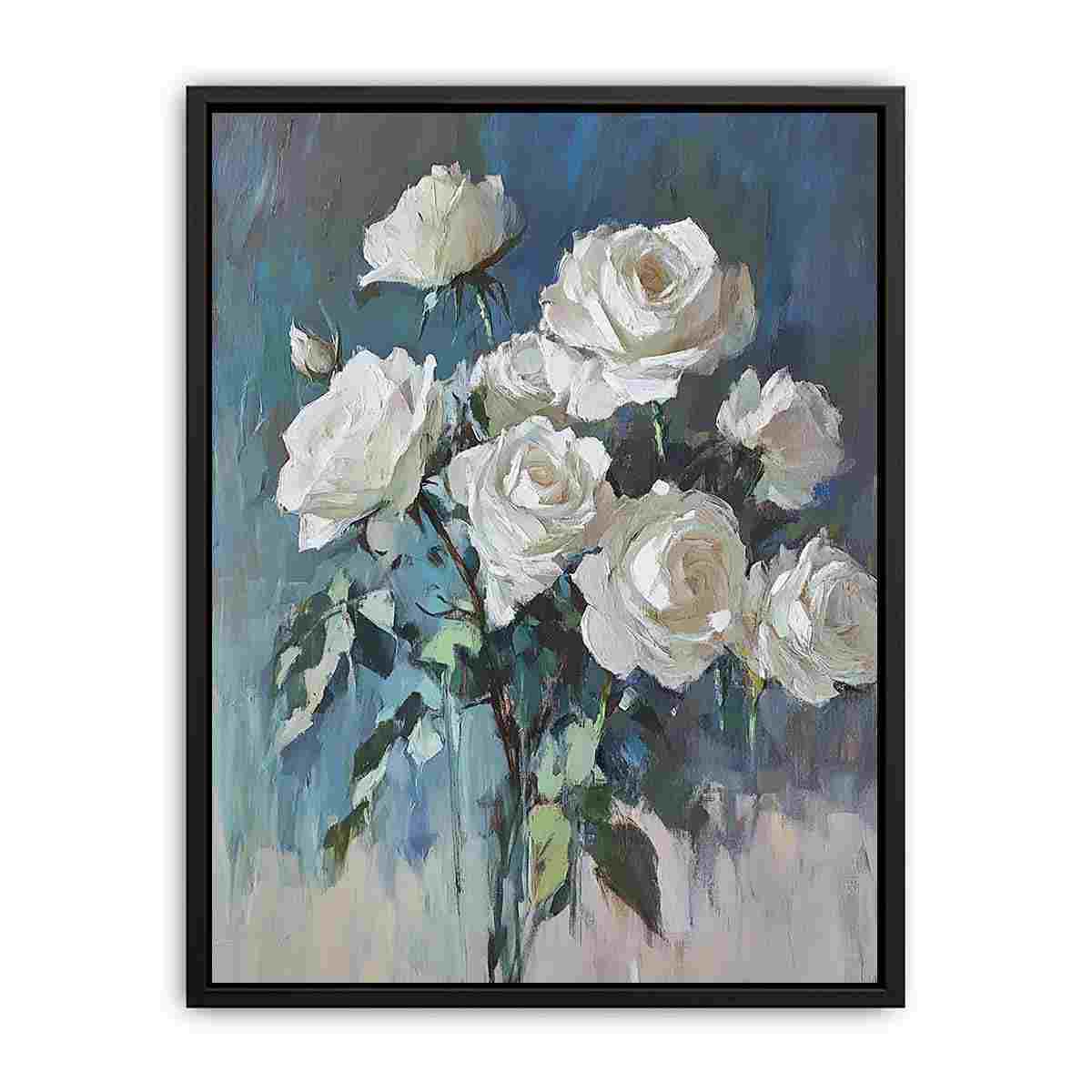 Elegant white rose floral canvas art with soft blue tones for bedroom and living room decor.