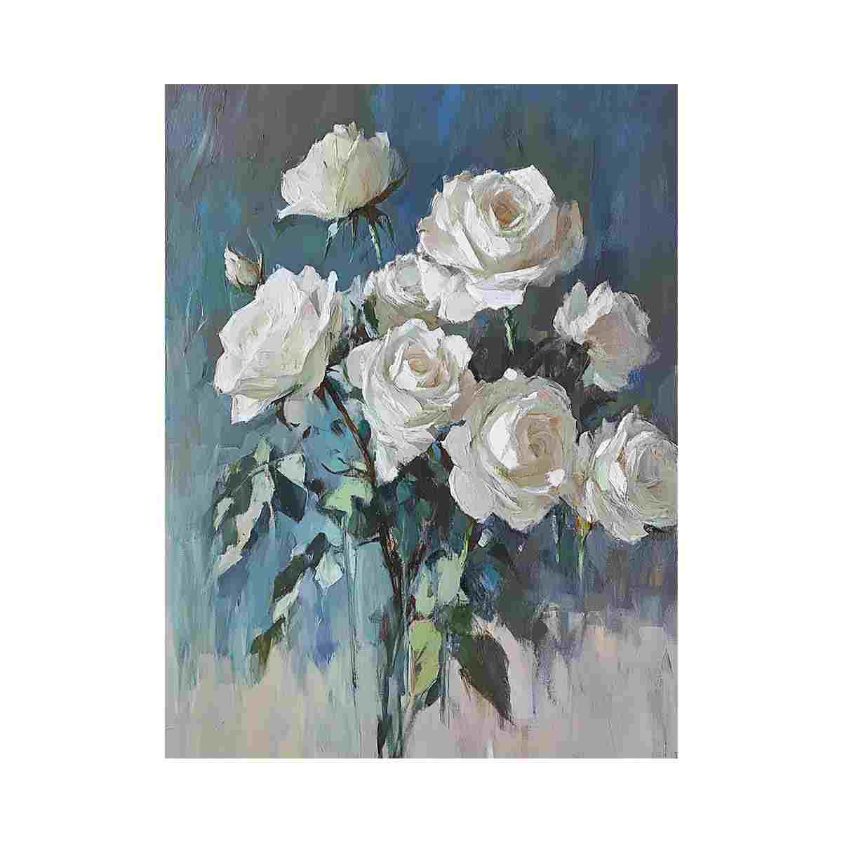 Elegant white rose floral canvas art with soft blue tones for bedroom and living room decor.
