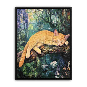 Sleeping ginger cat on a tree branch surrounded by flowers and foliage for cozy living room wall decor.