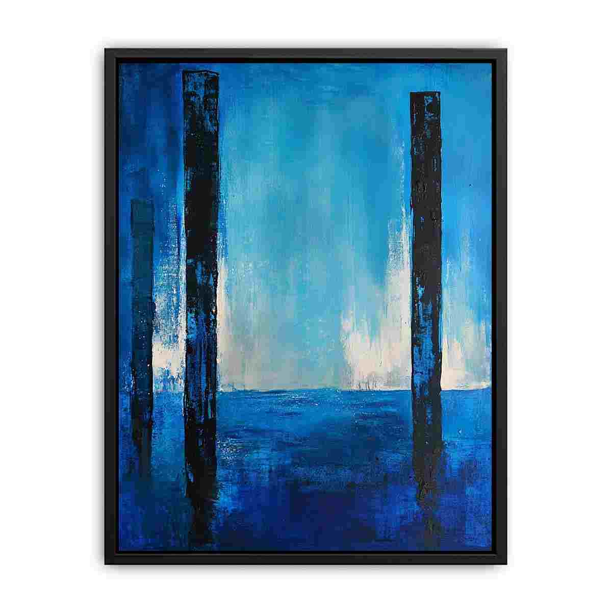 Blue abstract minimalist canvas art with vertical forms for modern living room decor.