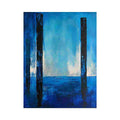 Blue abstract minimalist canvas art with vertical forms for modern living room decor.
