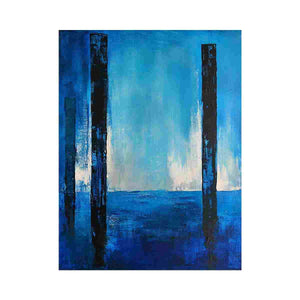 Blue abstract minimalist canvas art with vertical forms for modern living room decor.