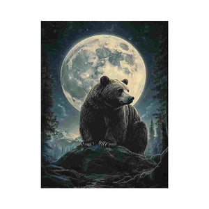 Majestic bear under a full moon in a forest landscape for rustic living room wall art.