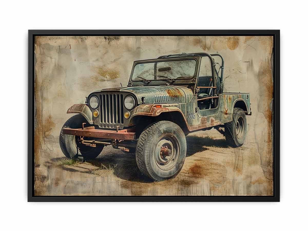 Weathered vintage jeep artwork with rust patina for rugged office wall decor.