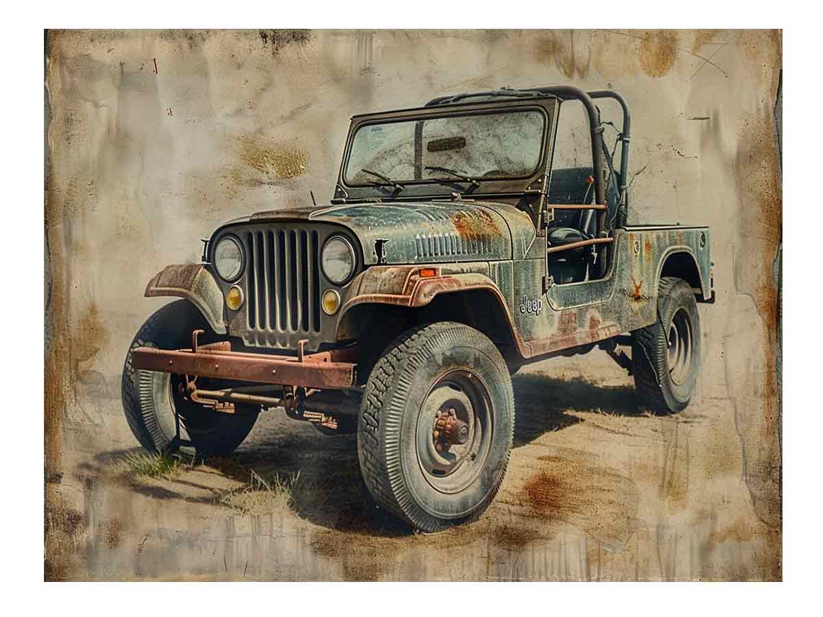 Weathered vintage jeep artwork with rust patina for rugged office wall decor.