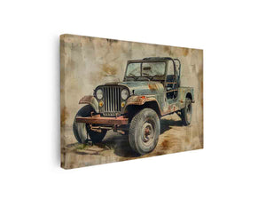 Weathered vintage jeep artwork with rust patina for rugged office wall decor.