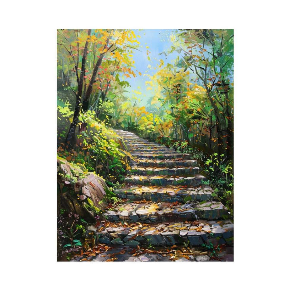 Sunlit forest stairs illustration for biophilic bedroom and hallway decor.