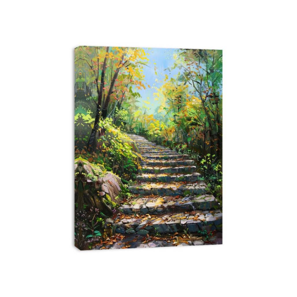 Sunlit forest stairs illustration for biophilic bedroom and hallway decor.
