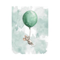 Whimsical watercolor mouse with green balloon for nursery wall decor.