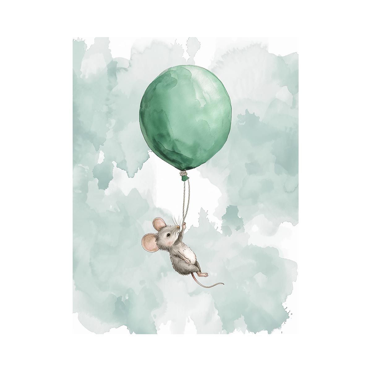 Whimsical watercolor mouse with green balloon for nursery wall decor.