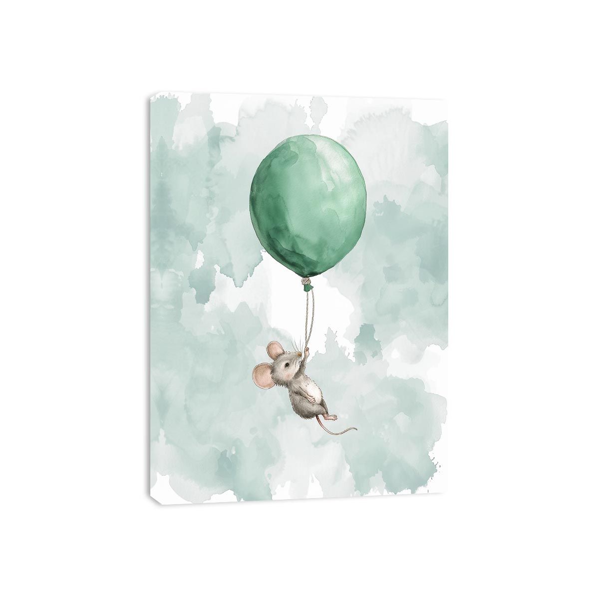 Whimsical watercolor mouse with green balloon for nursery wall decor.