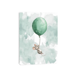 Whimsical watercolor mouse with green balloon for nursery wall decor.