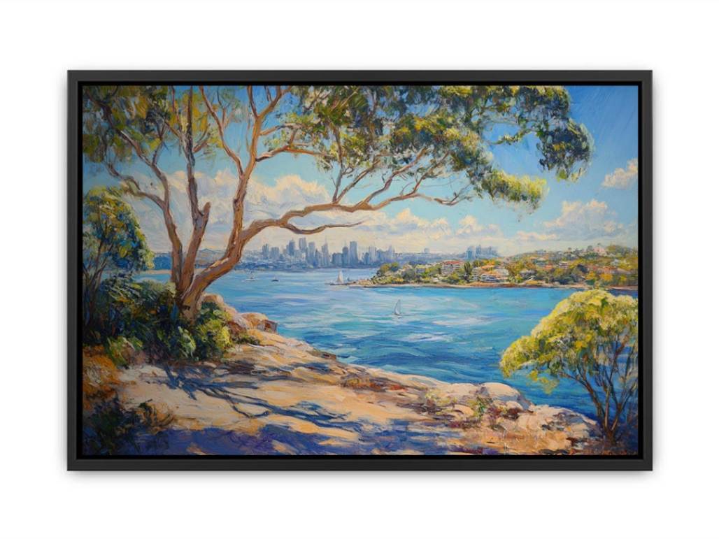 Australian harbour canvas art with eucalyptus trees and city skyline for living room decor.
