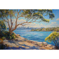Australian harbour canvas art with eucalyptus trees and city skyline for living room decor.