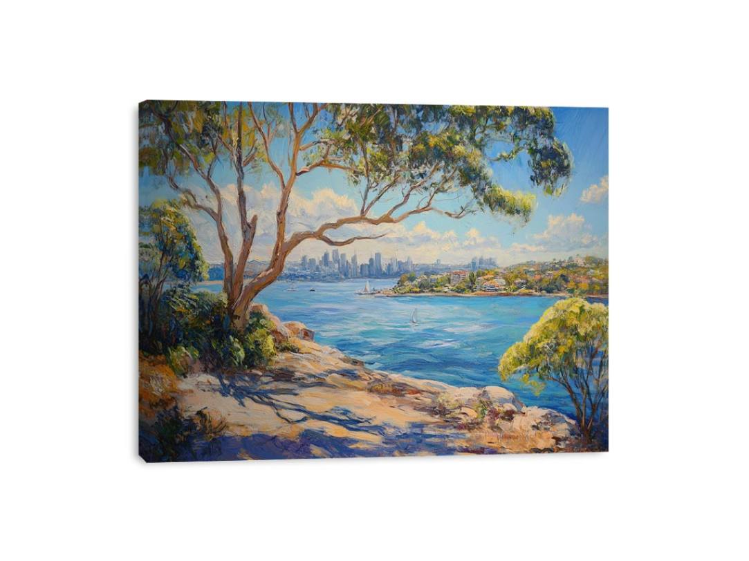 Australian harbour canvas art with eucalyptus trees and city skyline for living room decor.
