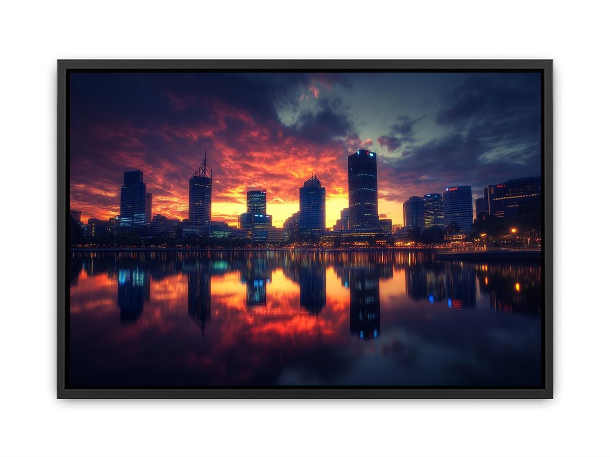 Dramatic city skyline photography with sunset reflections for modern office decor.