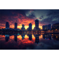 Dramatic city skyline photography with sunset reflections for modern office decor.