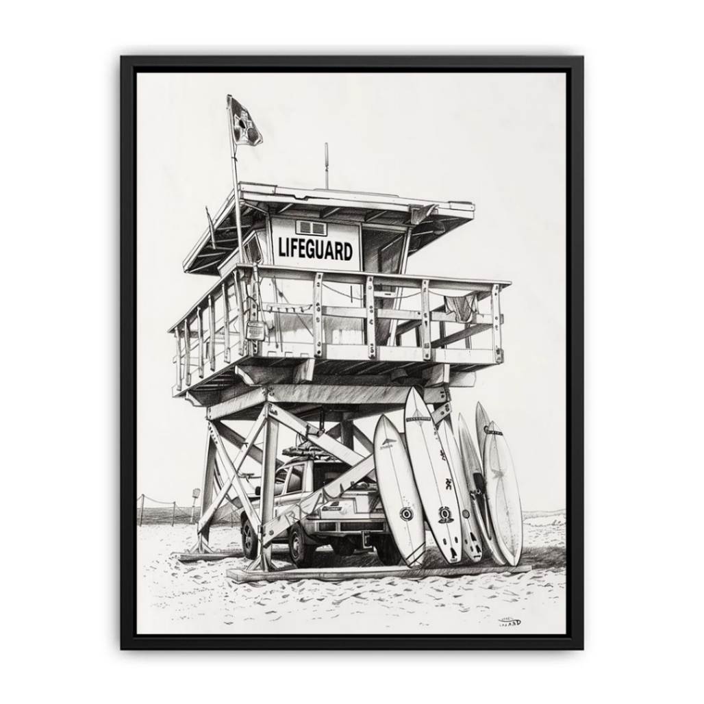 Black and white lifeguard tower drawing with surfboards for coastal wall decor.