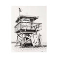 Black and white lifeguard tower drawing with surfboards for coastal wall decor.