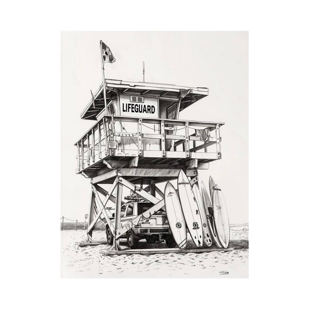 Black and white lifeguard tower drawing with surfboards for coastal wall decor.