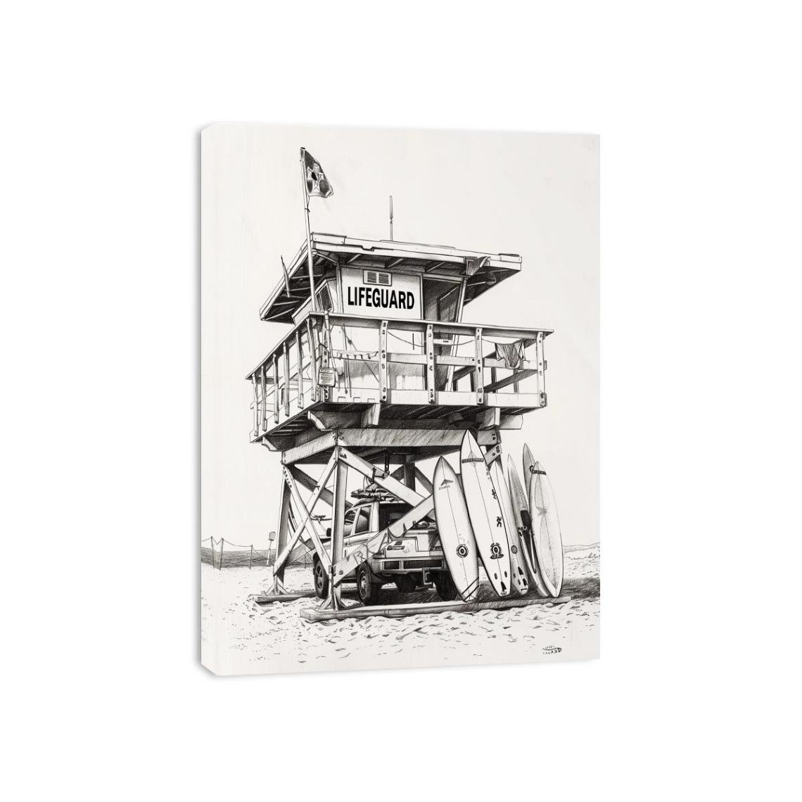 Black and white lifeguard tower drawing with surfboards for coastal wall decor.