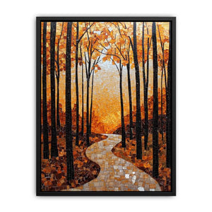 Warm autumn forest mosaic with winding path for cozy hallway wall decor.