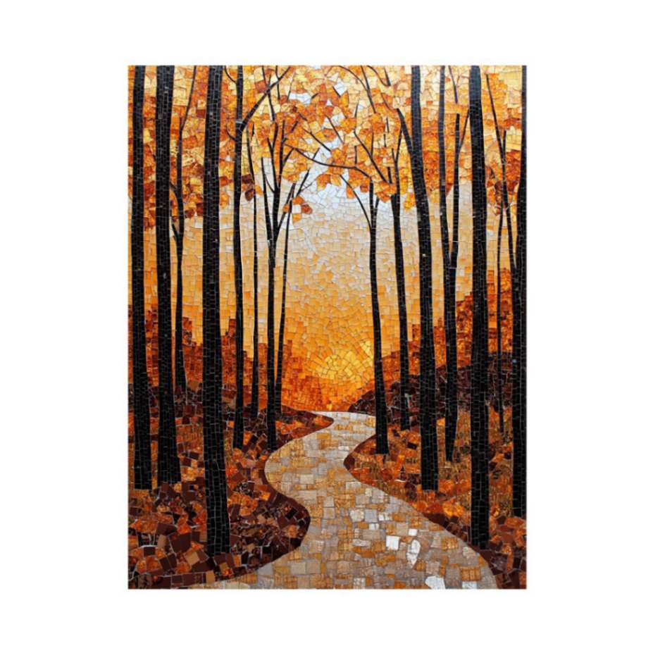 Warm autumn forest mosaic with winding path for cozy hallway wall decor.