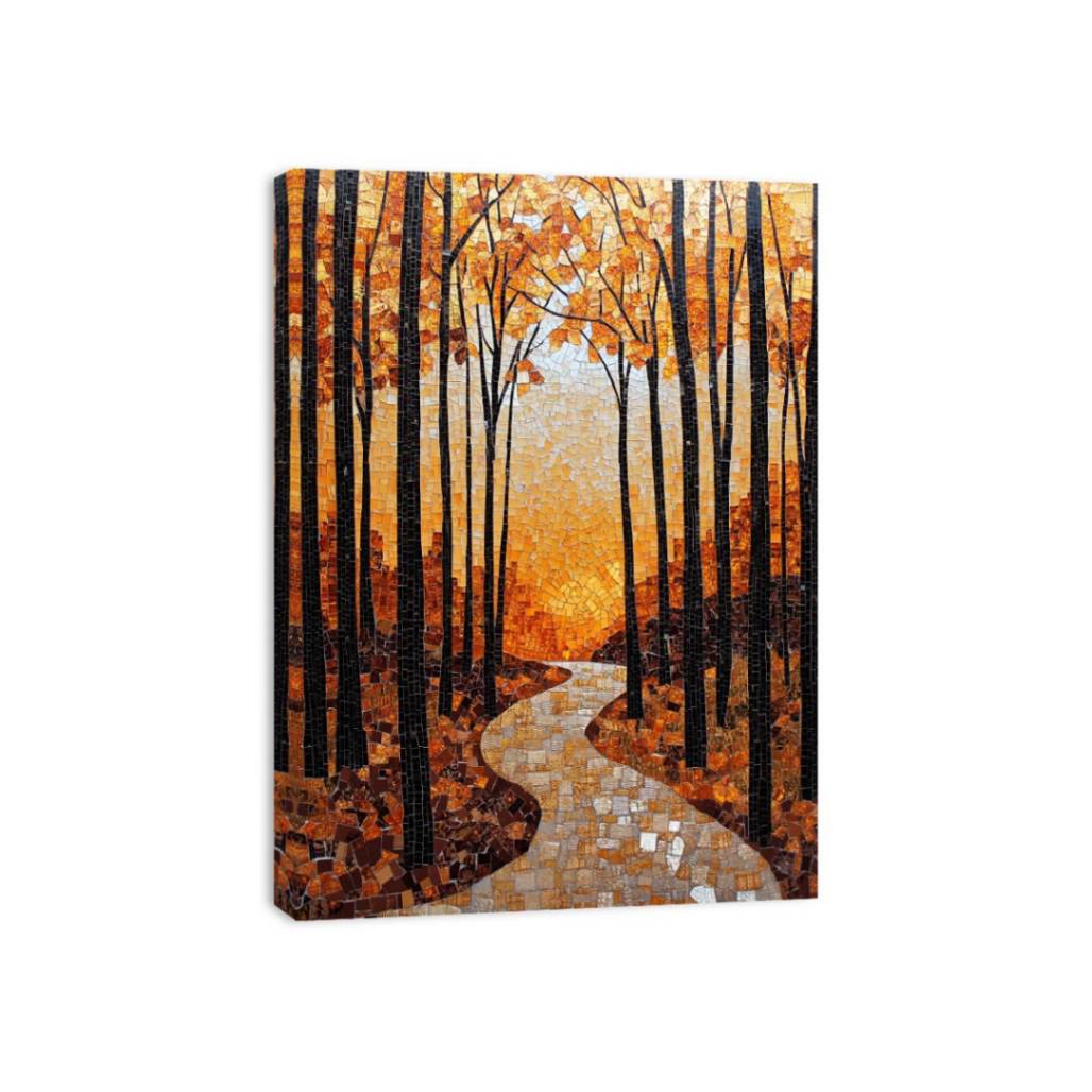 Warm autumn forest mosaic with winding path for cozy hallway wall decor.