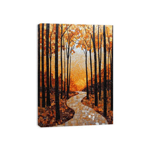 Warm autumn forest mosaic with winding path for cozy hallway wall decor.